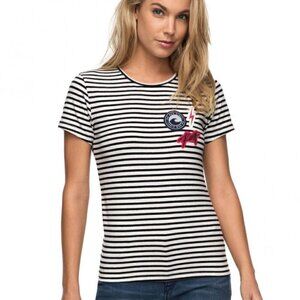 NWT Roxy Women's Black & White Striped Taffy Crab Patch T-Shirt XS